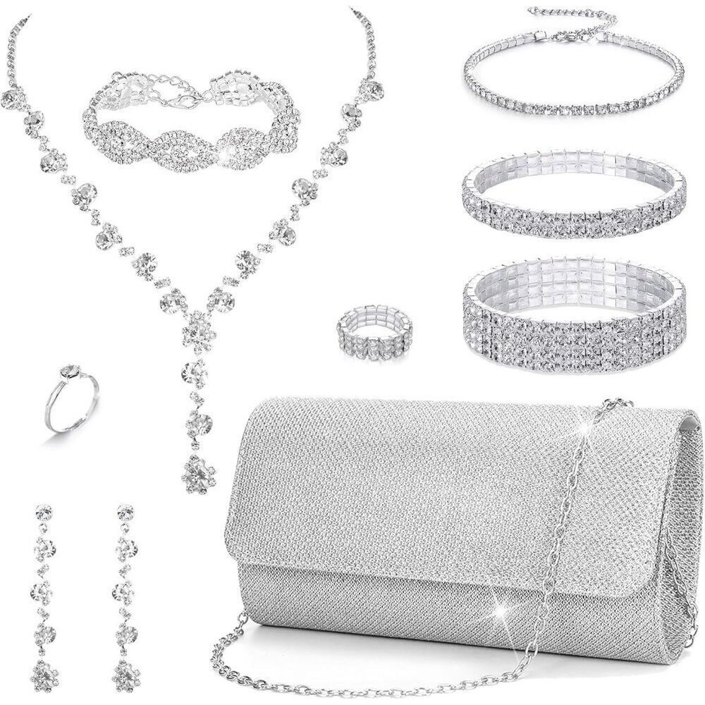 Rhinestone Jewelry Set Women's Bridal Evening Clutch Prom Promenade